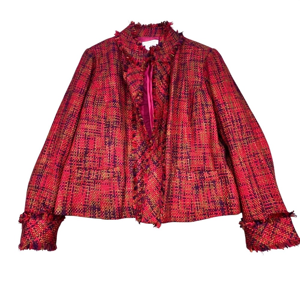 Coldwater Creek Red Multi Tweed Fringe Trim Blazer Jacket Women PXL